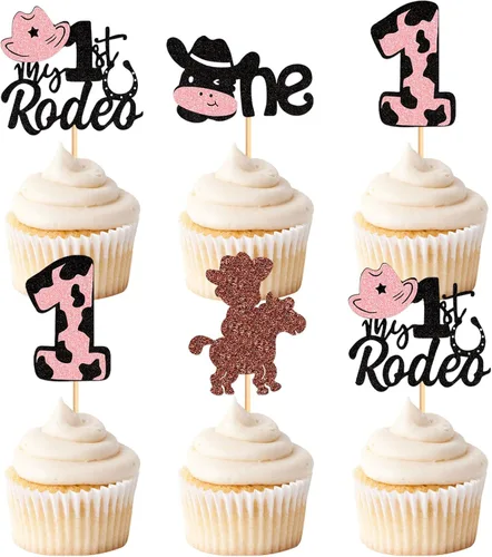 Miniatura 9 de 24 piezas de decoración de cupcakes con purpurina de vaca blanca y negra, para vaqueros, baby shower, niños y niñas, decoración de pastel