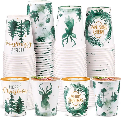 Miniatura 8 de Funtery 100 piezas de vasos de papel de Navidad, vasos de café desechables de Navidad con copos de nieve, muñeco de nieve, alce, luces, 9 onzas