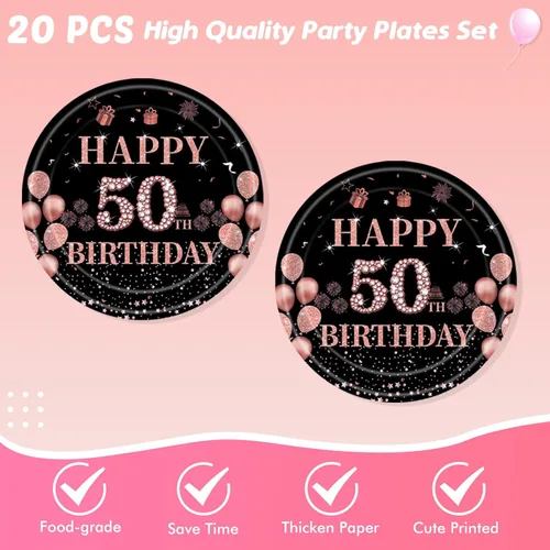 Miniatura 3 de Ryzovo - Decoraciones de cumpleaños 50 para mujer, platos de papel desechables negro y oro rosa, suministros de fiesta para 20 invitados, 41 piezas