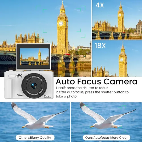 Miniatura 2 de Cámara digital 4K para fotografía, enfoque automático antivibraciones de 64 MP para YouTube, pantalla abatible de 180° de 3 pulgadas, cámara Blanco