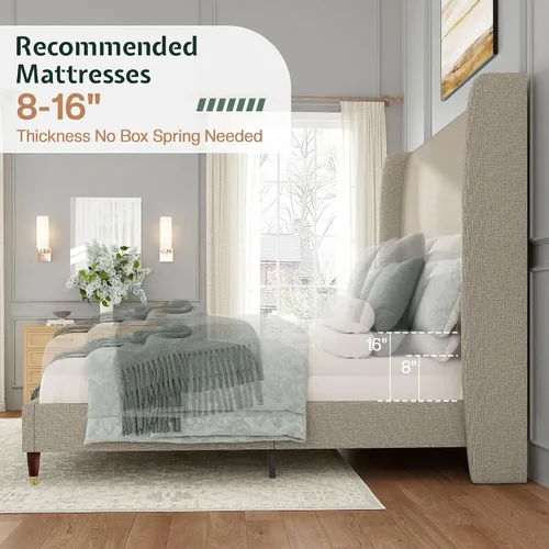 Miniatura 8 de Jocisland Base de cama tamaño Queen de 51.2 pulgadas de alto, tapizada, con cabecero con respaldo de ala, no necesita somier, fácil montaje