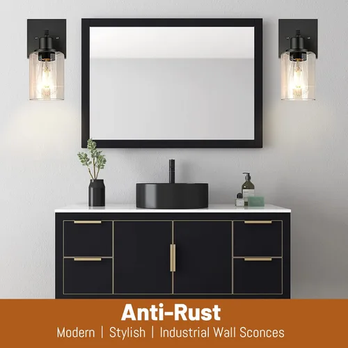 Miniatura 3 de Juego de 2 apliques de pared, juego de luces de baño negro mate, juego de luces de pared de granja, luces de tocador con pantalla de vidrio