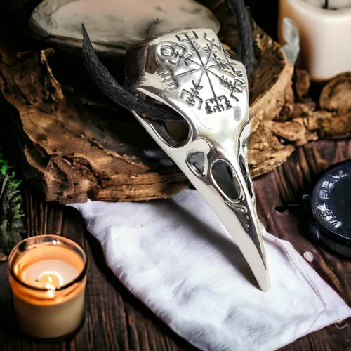 Miniatura 2 de Raven Skull Necklace with Viking Compass Vegvisir Pendant Bird Crow Odin Norse Animal Ancient Protection Amulet Talisman Nordic Goth Jewelry for Men