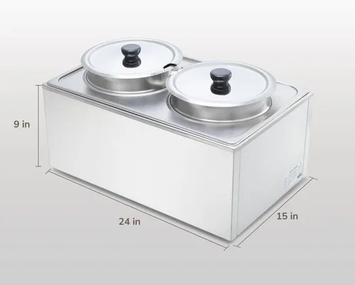 Miniatura 7 de SYBO Mesa de vapor de acero inoxidable de grado comercial Bain Marie Buffet Calentador de alimentos para catering y restaurantes (2 ollas redondas)