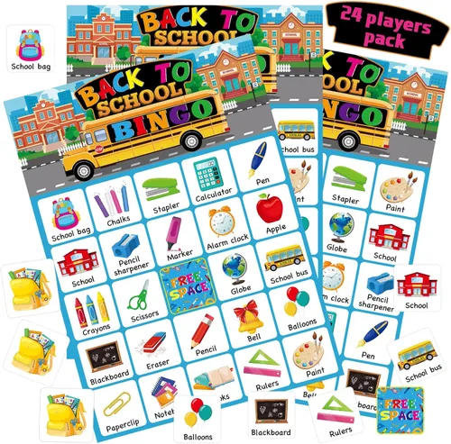 Liliful 35 piezas de bingo de regreso a la escuela, 24 jugadores, tarjetas de bingo para el primer día de escuela, juegos de fiesta para niños,