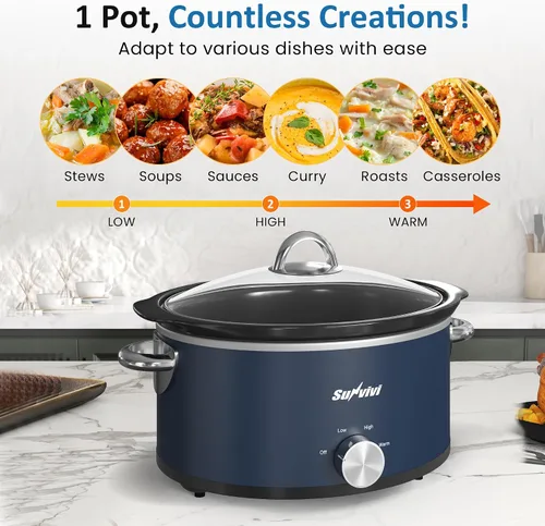 Miniatura 3 de Olla de cocción lenta de 3QT, olla pequeña con 3 ajustes de calentamiento y olla de cerámica extraíble, mini calentador de alimentos con tapa de Azul