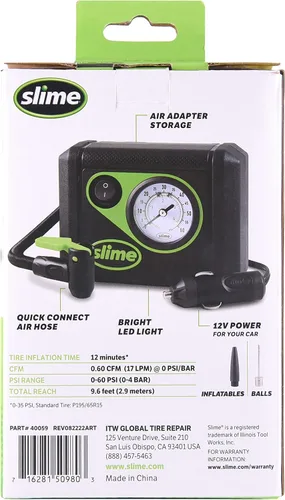 Miniatura 3 de Slime 40059 Inflador de neumáticos, Junior, Compacto, Potente, Compresor de Aire Portátil para Coche, Ligero, Analógico, Reparación de Neumáticos