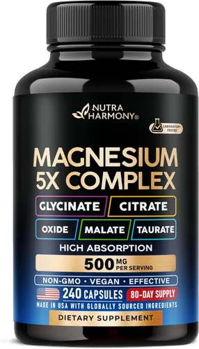 Suplemento de magnesio - Complejo 5 en 1 de 500 mg | Glicinato | Citrato | Malato | Taurato | Óxido - Fabricado en Estados Unidos - Soporte para el