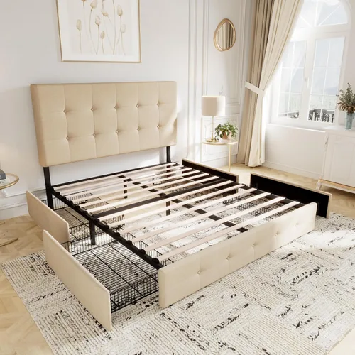 Miniatura 8 de Allewie - Base de cama tapizada de tamaño Full con plataforma, con 4 cajones de almacenamiento y cabecera, diseño cosido en cuadrados con botones