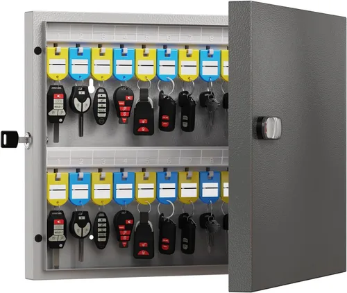 Miniatura 15 de Caja de 32 llaves con cerradura para llaves – Armario de llaves montado en la pared con doble cerradura (combinación de llave y 3 dígitos), estantes