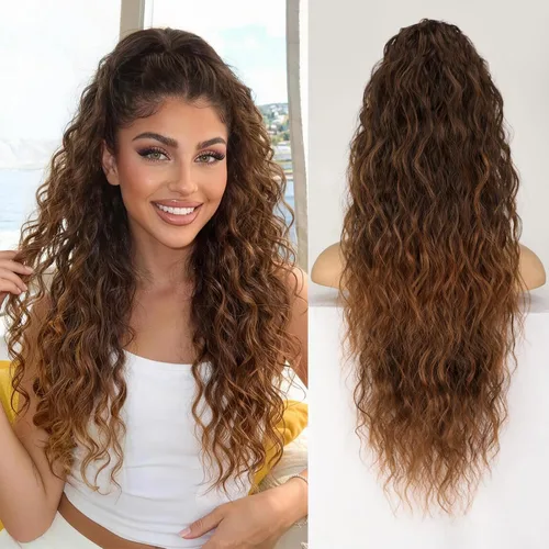 Miniatura 28 de KooKaStyle Extensión de cola de caballo con cordón de 26 pulgadas (66 cm) para mujeres, extensiones de cabello sintético rizado largo para uso