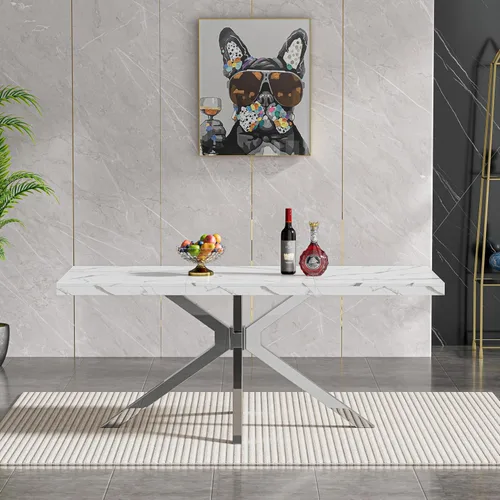 Miniatura 4 de HomVent Juego de mesa de comedor rectangular para 4, juego de mesa de cocina rectangular, juego de mesa de comedor de mármol sintético, juego