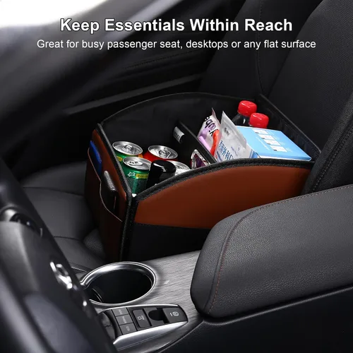 Miniatura 3 de Organizador de cuero para asiento de automóvil, caja de almacenamiento plegable para asiento delantero, asientos traseros y piso, divisor extraíble