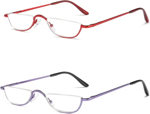 Miniatura 19 de Lentes de lectura de media lectura, 2 pares de lentes con marco de metal de medio borde, lectores de bisagra de resorte con bolsa de cuero para Azul