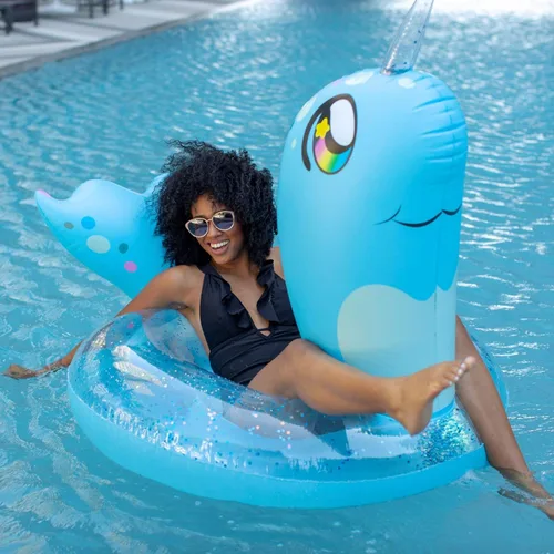 Miniatura 4 de Poolcandy - Flotador inflable de animal para piscina, tamaño extra grande de 48 pulgadas, múltiples estilos de animales narwhal azul