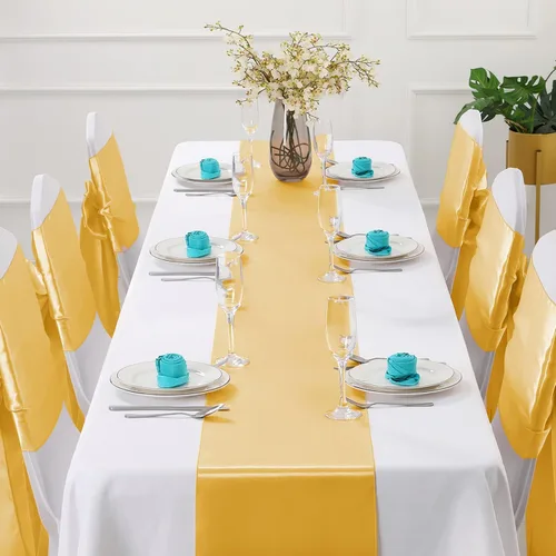 Miniatura 2 de Horbaunal Paquete de 12 Caminos de Mesa de Satén Amarillo Dorado de 12 x 108 Pulgadas, Caminos de Mesa Suaves para Bodas, Banquetes, Fiestas