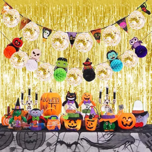 Miniatura 6 de 2 piezas de 3' X 8' Cortina de flecos de lámina de oropel metálica negra y dorada para la víspera de Año Nuevo 2023, fiesta de Halloween, decoración