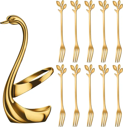 Miniatura 13 de AnSaw Juego de 10 Tenedores de Postre Mini Hoja Dorados - 4.7" Elegantes Tenedores de Acero Inoxidable para Frutas, Aperitivos, Pasteles y Ensaladas