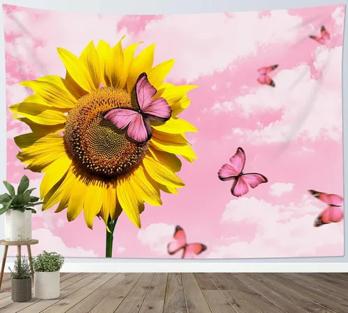 Miniatura 20 de LB Tapiz de nube rosa para colgar en la pared, cielo azul y fantasía, nube pastel, paisaje natural, tapiz de pared para dormitorio, arte de pared