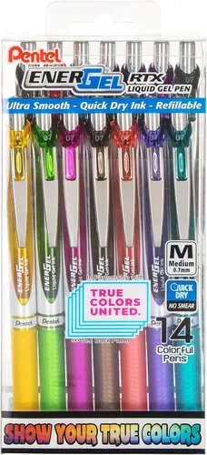 Pentel EnerGel RTX True Colors United 0.028 in, línea media, 14 colores de tinta surtidos, paquete de 14 bolígrafos BL77PC14MTCU
