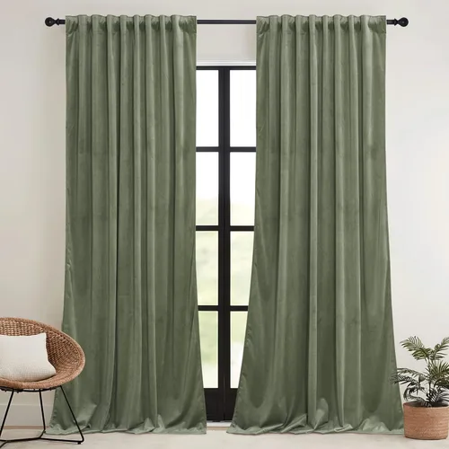 Miniatura 26 de RYB HOME Cortinas elegantes de terciopelo verde de 108 pulgadas de largo, bloqueo de luz, aislamiento térmico, elegantes cortinas de terciopelo