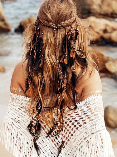 Miniatura 8 de CAKURE Diadema de plumas bohemias, tocado gitano, tocado indio, accesorios para el cabello hippie para mujeres y niñas (tipo C)