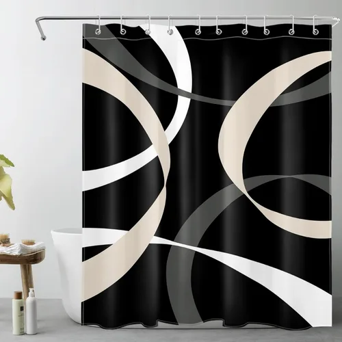 Miniatura 22 de LB Cortina de ducha abstracta rosa para baño, cortina de ducha de tela a rayas grises y blancas sobre fondo negro con ganchos, juego de cortinas