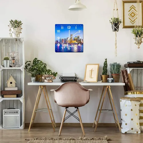 Miniatura 7 de Reloj de pared American Florida State Miami City Skyline Paisaje urbano Vista de la ciudad Reloj clásico de madera sin tictac funciona