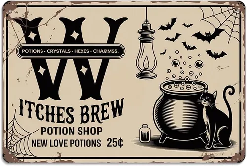 Letrero de metal vintage con texto en inglés «Witches Brew Potion Shop», 8 x 12 pulgadas, diseño de bruja gótica, para porche, pubs, cafetería,