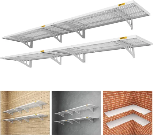 Miniatura 9 de Paquete de 4 estantes de pared de metal ajustables de 2 x 3 pies, estantes de almacenamiento de garaje resistentes montados en la pared, color negro