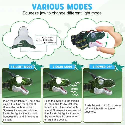 Miniatura 3 de COSOOS Linterna frontal LED para niños, equipo de camping, modo de rugido y silencio, lámpara de cabeza para exteriores para niño y niña, faro