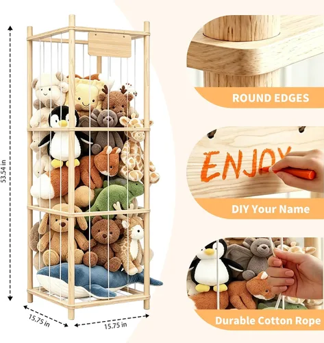 Miniatura 3 de Almacenamiento de animales de peluche, soporte de madera para juguetes de zoológico para habitaciones de niños, organizador de juguetes de ahorro