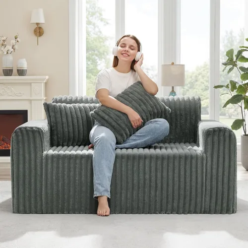 Miniatura 17 de Hobestluk Sofá Individual de Espuma Sillón Sofá para Espacios Pequeños Sofás Cómodos con Funda Extraíble Sofá Peludo con Almohadas para Sala de Negro
