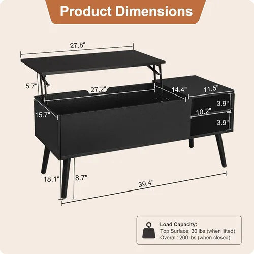 Miniatura 2 de Aline Furniture - Mesa de centro negra con superficie que se levanta y compartimento de almacenamiento oculto, patas de madera maciza y estantes