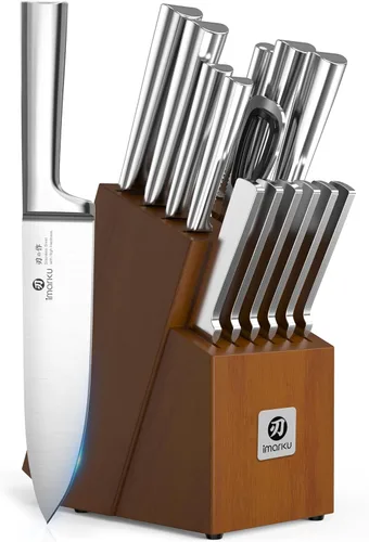 imarku Juego de cuchillos – Juego de cuchillos de cocina de 15 piezas de acero inoxidable japonés con afilador – Cuchillos de cocina aptos para