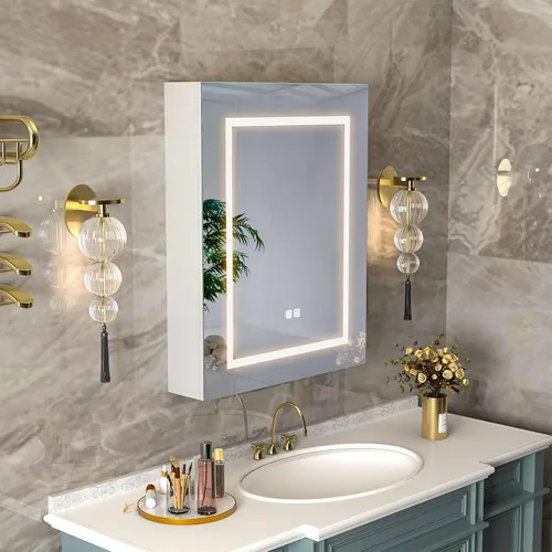 Miniatura 14 de Gabinetes de medicina LED para baño, botiquín iluminado con espejo, tocador de baño de montaje en superficie con almacenamiento, brillo ajustable