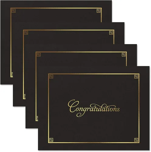 Miniatura 4 de Carpetas para certificados de felicitaciones negras y doradas, paquete de 25, cubierta de lino de 80 libras, plegadas, esquinas troqueladas