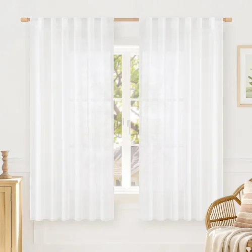 Miniatura 65 de LAMIT Cortinas de lino beige de 30 pulgadas de largo para ventanas pequeñas, cortinas semitransparentes filtrantes de luz, pestaña trasera