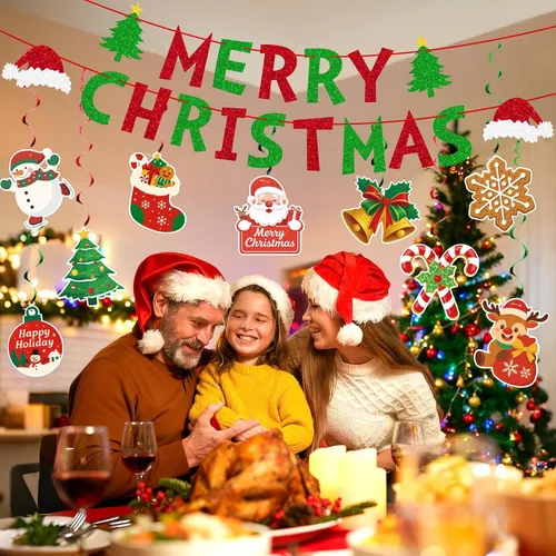 Miniatura 5 de jijAcraft 38 carteles de decoración navideña de Feliz Navidad, remolino colgante premontado, decoraciones de Navidad para interiores, decoración
