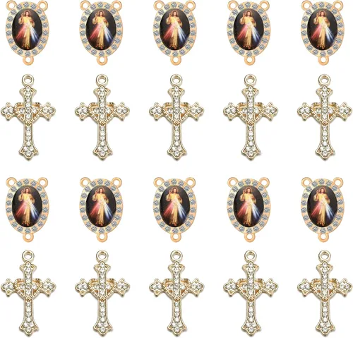 Juego de 20 piezas de conectores de medalla de santos católicos con diamantes de imitación y dijes de cruz de cristal para suministros religiosos de