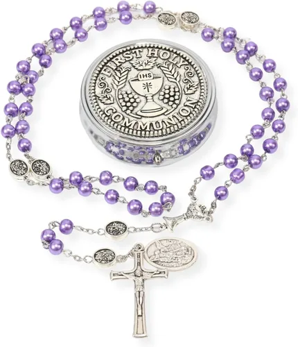 Miniatura 8 de Nazareth Store Collar de rosario de perlas de 0.315 in con medalla de San Miguel y centro de mesa de cáliz Rosarios de la Santa Comunión