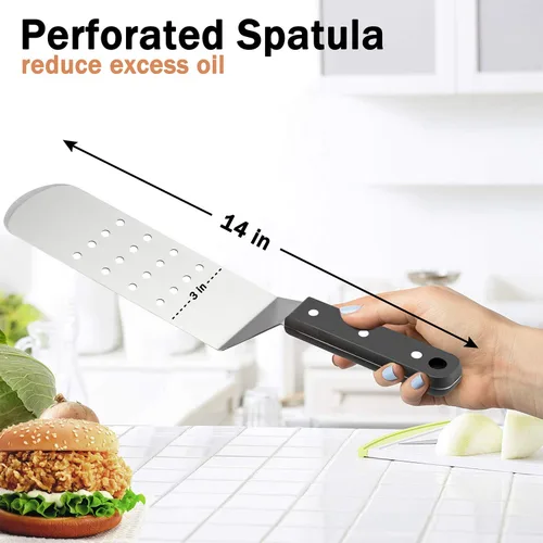 Miniatura 3 de HaSteeL Espátula de plancha de metal, acero inoxidable larga con mango remachado, girador de hamburguesas perforado resistente y sólido para cocinar