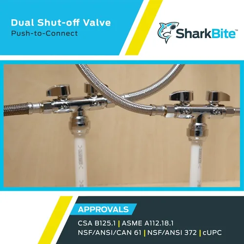 Miniatura 5 de SharkBite Válvula de bola de latón de un cuarto de vuelta de doble cierre, empuje de 1/2 pulgada para conectar x compresión de OD de 3/8 pulgadas x