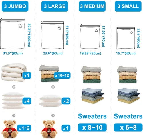 Miniatura 6 de BoxLegend Bolsas de almacenamiento al vacío con bomba de mano grande, 12 combinados (3 jumbo, 3 grandes, 3 medianas, 3 pequeñas) bolsas gruesas
