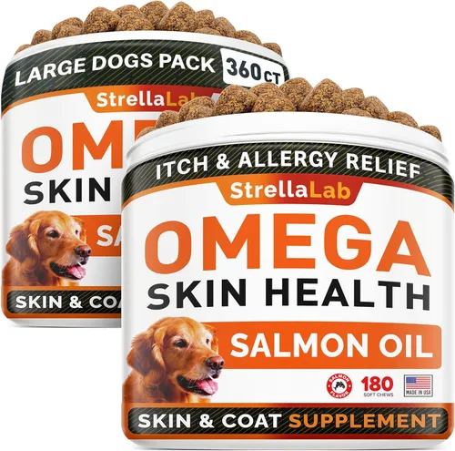 Miniatura 9 de StrellaLab Omega 3 para perros – (360 unidades) Golosinas de aceite de pescado – Alivio de alergias y picazón Suplemento de piel y pelaje – Piel