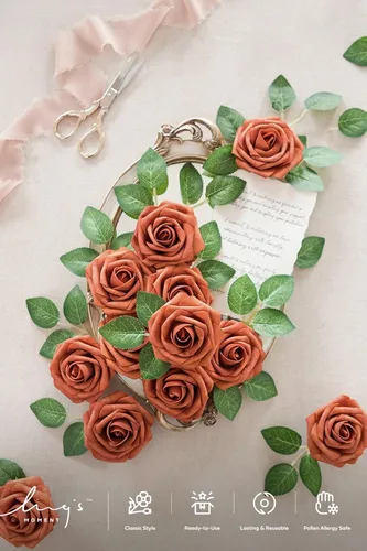Miniatura 2 de Ling's moment Flores Artificiales de Otoño 25 Piezas Rosas Naranja Quemado Decoración c/Tallos, 3" Tacto Real DIY Espuma Floral para Ramo de O