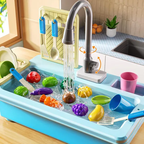 Miniatura 8 de JUKUDAHU - Lavaplatos de juguete con agua corriente, juguetes de cocina con fregadero para niños de 3, 4, 5, 6 y 7 años de edad, lavavajillas Azul