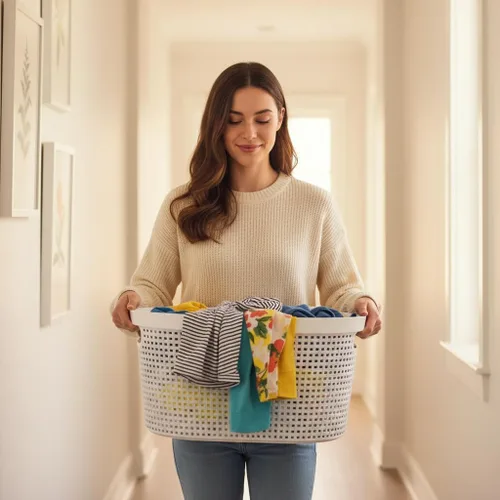 Miniatura 7 de Paquete de 4 cestas para la ropa sucia con mango recortado, cestas de plástico blanco, 40 L Dirty Clothes Storage Hamper