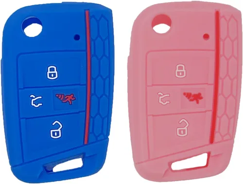 Paquete de 2 fundas de silicona suave para llavero VW Golf Alltrack Sportwagen GTI Tiguan Atlas Polo Skoda Octavia, Azul+Rosa, Pequeño