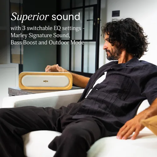 Miniatura 2 de House of Marley Get Together 3 bocina Bluetooth, 10 horas de reproducción, carga rápida USB-C, modos de sonido EQ, luz LED ambiental, rango Crema